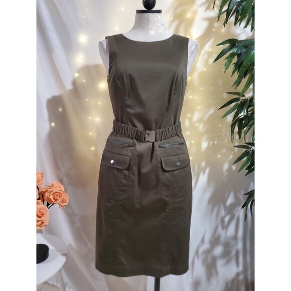 Calvin Klein Belted Safari Sheath Utility Dress Size 4 Olive Green Snap Pockets - Picture 1 of 12